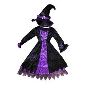 Black Purple Witch Costume Dress with Hat Halloween Girls Kids Fancy Dress Up